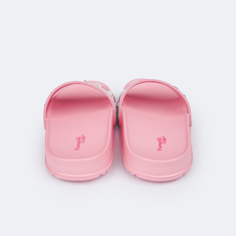 Chinelo Slide Infantil Pampili Fun Glee Doce Rosa e Branco - traseira do slide infantil feminino