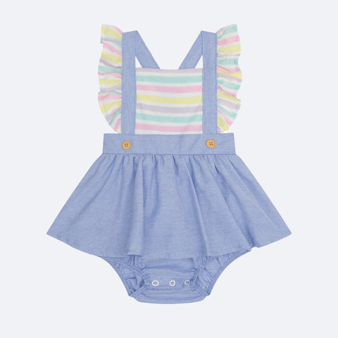 Vestbody Bebê Kukiê Listras Branco e Azul - frente do vestido body bebê menina