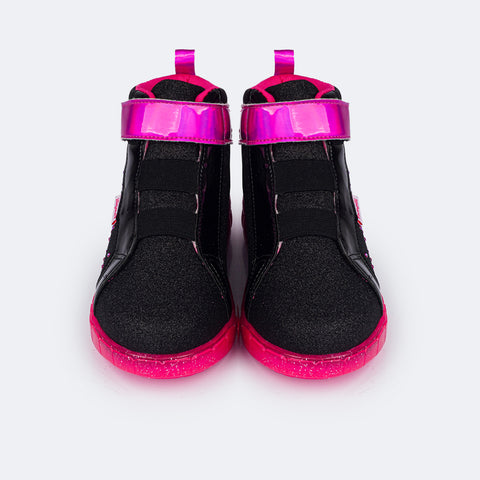 Tênis de Led Cano Médio Infantil Pampili Sneaker Seja Luz Preto e Pink - frente tênis infantil preto