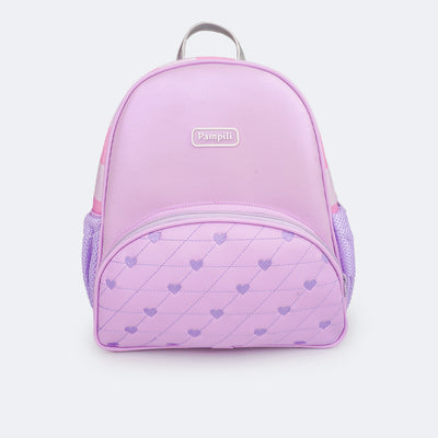 Mochila Infantil Pampili Matelassê Corações Lilás  - parte frontal da mochila com bordados