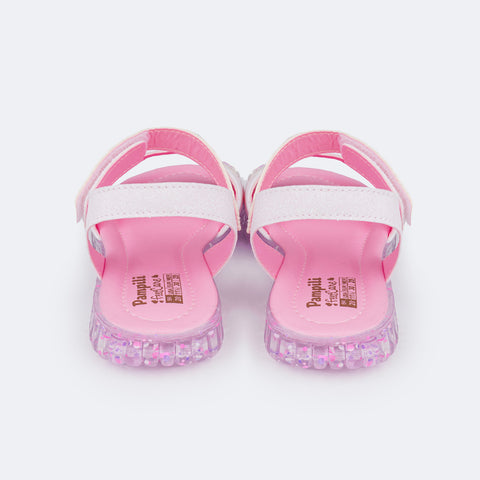 Sandália Papete Infantil Pampili Candy Glitter Holográfica Branca e Rosa - tira do calcanhar