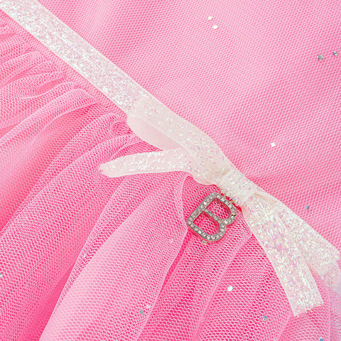 Vestido de Festa Bambollina Tule e Cinto Glitter com Laço Rosa - 2 a 6 Anos - laço e metal com strass