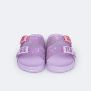 Chinelo Birken Infantil Pampili Fun Glee Fivela e Glitter Colorido Lilás - frente do chinelo infantil transparente