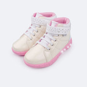 Tênis de Led Cano Médio Infantil Pampili Sneaker Luz Perolado Branco - frente tênis infantil branco