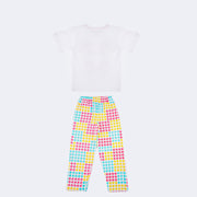 Pijama Kids Cara de Criança Brilha no Escuro com Calça Pop It Branco e Colorido - 4 a 8 Anos - costas do pijama com calça comprida