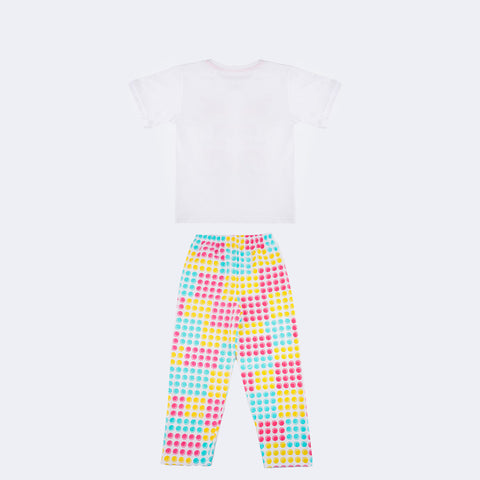 Pijama Kids Cara de Criança Brilha no Escuro com Calça Pop It Branco e Colorido - 4 a 8 Anos - costas do pijama com calça comprida
