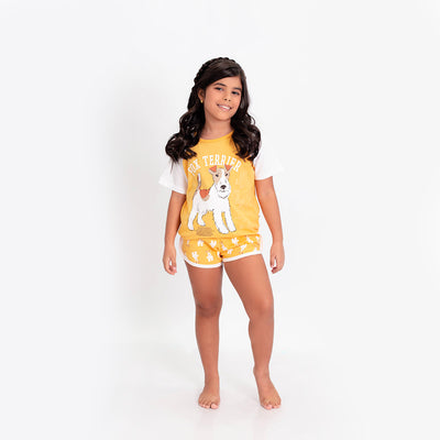 Pijama Infantil Cara de Criança Fox Terrier Amarelo e Branco - 4 a 8 Anos - menina com pijama infantil