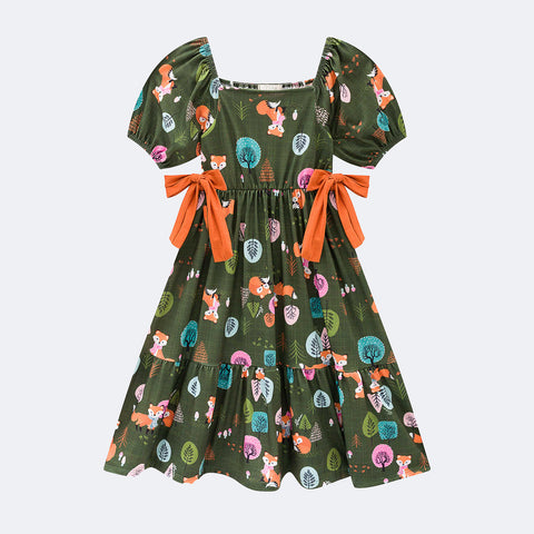 Vestido Infantil Infanti Midi Raposa Floral Verde Escuro - frente vestido infantil floral