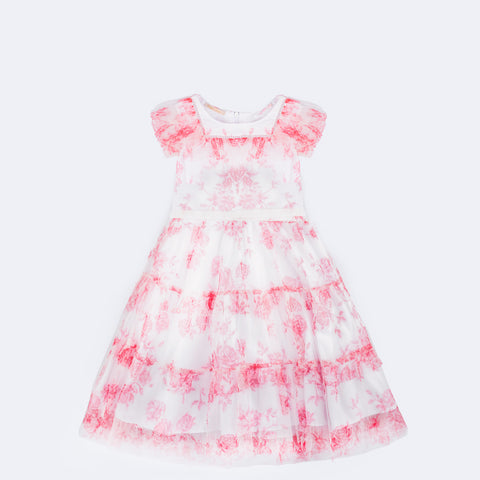 Vestido de Festa Petit Cherie Babado Tule Flores Branco e Vermelho - 2 a 6 Anos - frente do vestido de tule