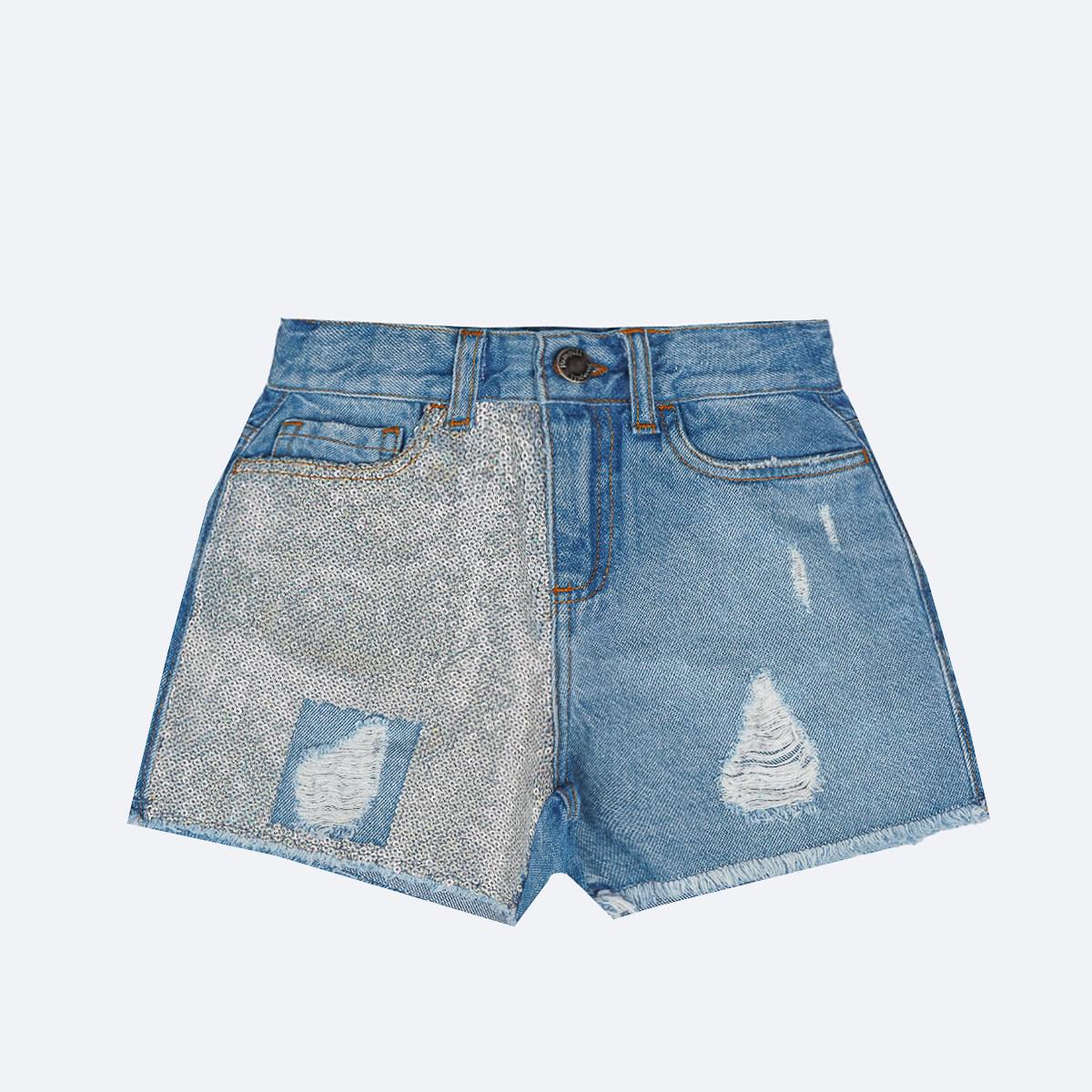 Short Jeans Infantil Pampili com Paetê Holográfico - frente short infantil feminino