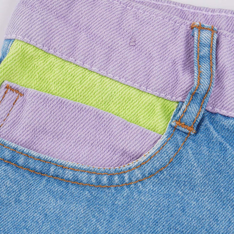 Short Jeans Feminino Infantil Vallen Azul e Colorido - detalhe de bolso colorido