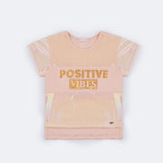 Camiseta Infantil Pampili Good Vibes com Strass e Tachas Holográfica Rosa - frente da camiseta holográfica  