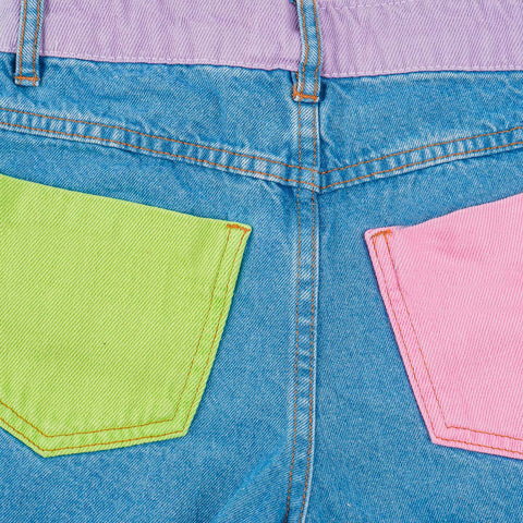 Short Jeans Feminino Infantil Vallen Azul e Colorido - short jeans com bolsos coloridos