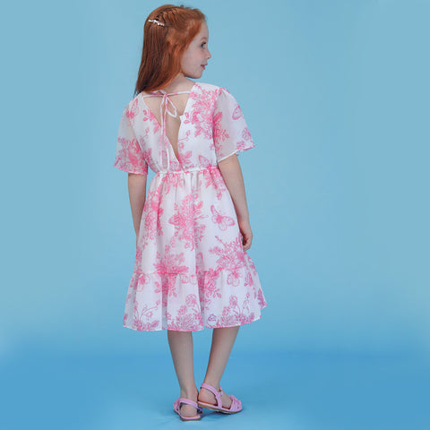 Vestido Infantil Bambollina Floral e Borboletas Rosa e Branco - Vestido na menina de costas