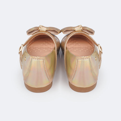Sapato Infantil Feminino Pampili Angel Laço Strass Holográfico Dourado - traseira sapatilha dourada