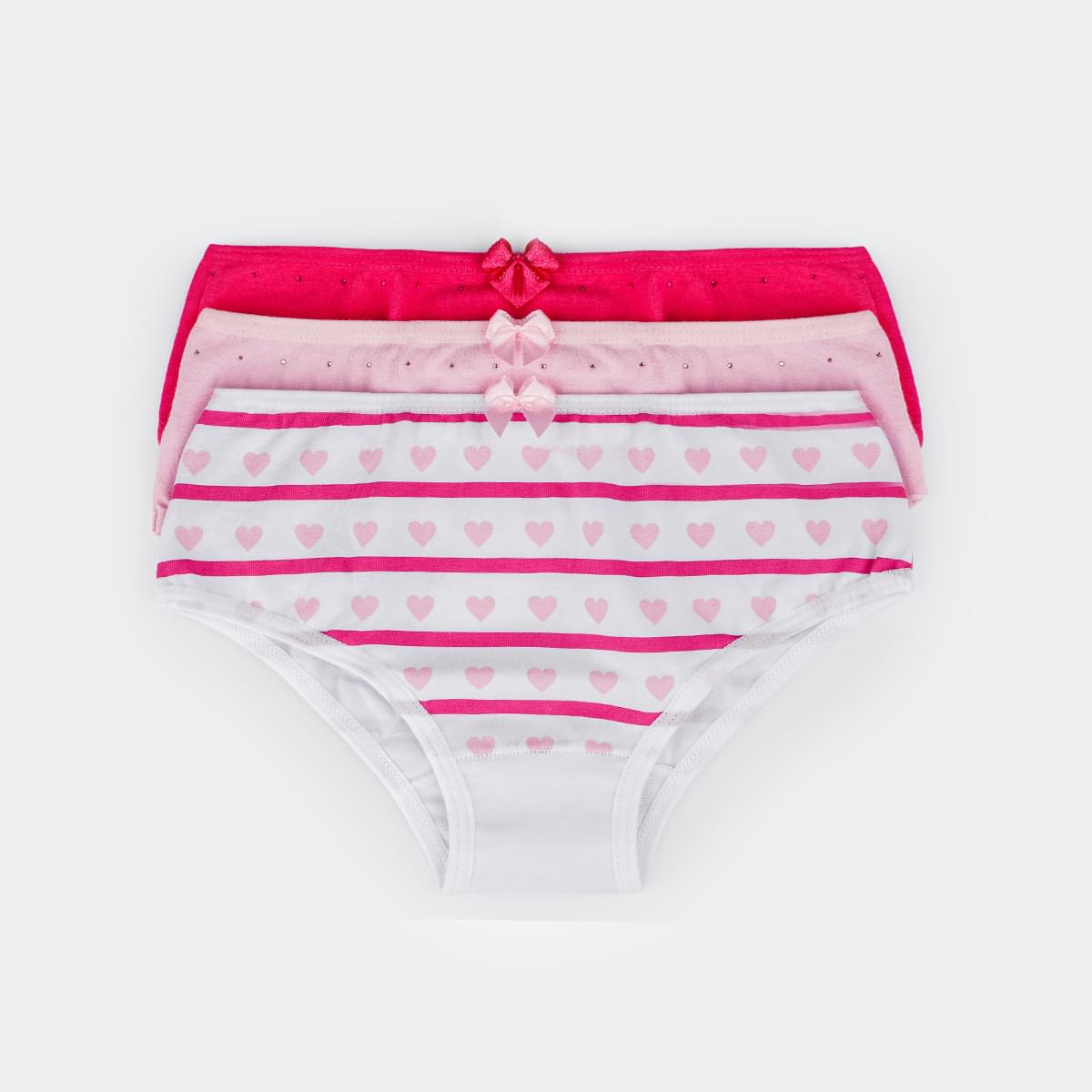 Kit Calcinha Infantil Pampili Sortidas Lisa Strass e Estampa Coração - kit calcinhas sortidas