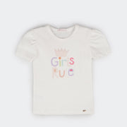 Camiseta Infantil Feminina Pampili Girls Rule com Brilho Off White  - foto frontal com estampa 