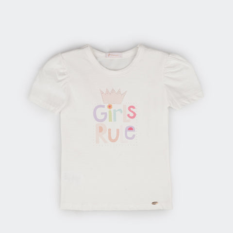 Camiseta Infantil Feminina Pampili Girls Rule com Brilho Off White  - foto frontal com estampa 