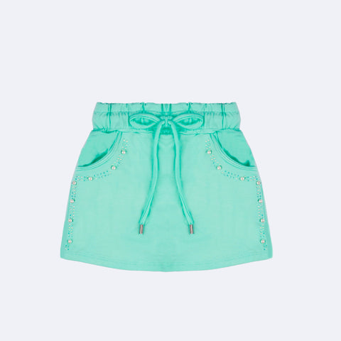 Short Saia Infantil Infanti Strass e Pérolas Verde - frente do short saia menina