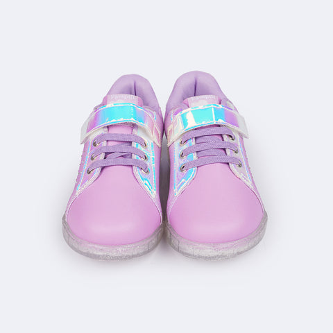 Tênis de Led Infantil Pampili Sneaker Seja Luz Glitter Strass Lilás - frente do tênis infantil