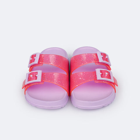 Chinelo Birken Infantil Pampili Fun Glee com Fivela e Glitter Rosa e Lilás - frente do chinelo menina