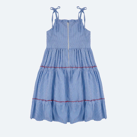 Vestido Infantil Bambollina Três Marias Morango Listras Azul - costas do vestido infantil 