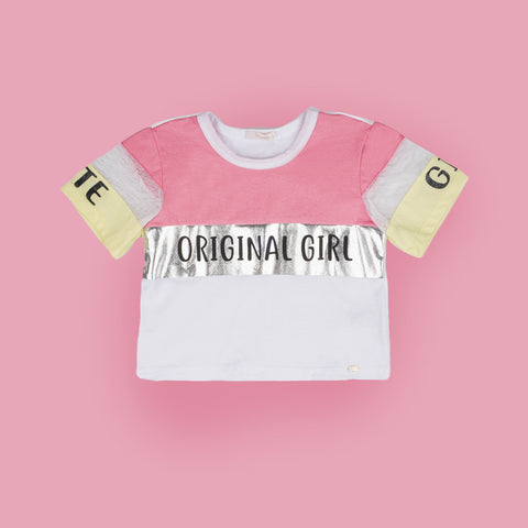 Camiseta Infantil Feminina Pampili Original Girl Branca Rosa Amarela  - foto da parte da frente com estampa