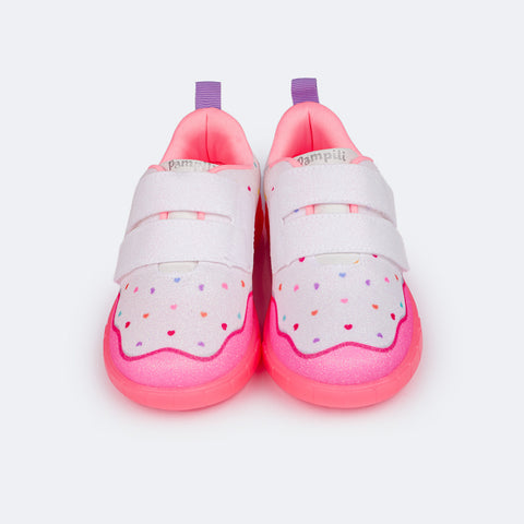 Tênis de Led Infantil Pampili Sneaker Luz Doce Branco e Colorido - frente do tênis infantil de glitter