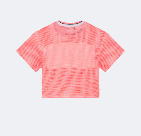 Camiseta Infantil Vick&Vicky Sobreposição e Top Branco e Rosa Neon - costas da camiseta e top infantil