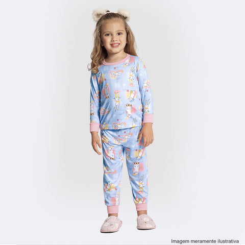 Pijama Infantil Alakazoo Manga Longa Zoo Gatas Fofas Azul - frente do pijama infantil feminino