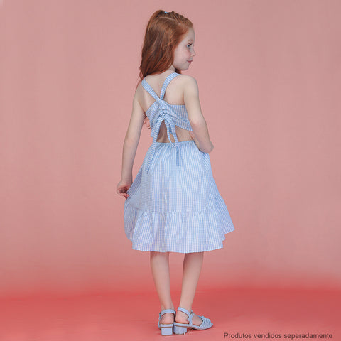 Vestido Pré-Adolescente Bambollina Xadrez com Babado Azul e Branco - 8 a 12 Anos - caimento do vestido na menina