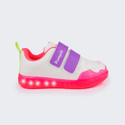 Tênis de Led Infantil Pampili Sneaker Luz Customizável Calce Fácil Monstrinho Branco e Colorido - Vem com 4 Patches - lateral do tênis com luzes de led