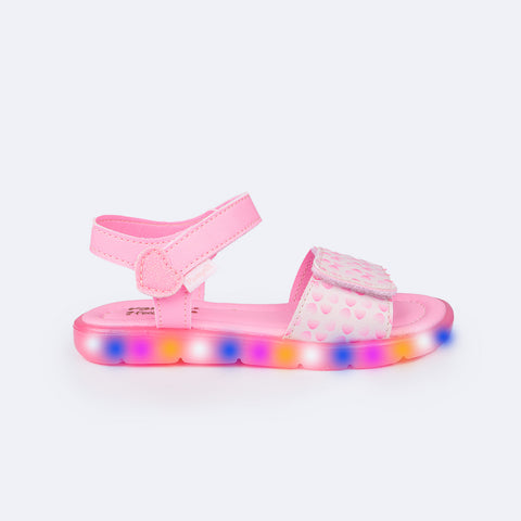 Sandália de Led Infantil Pampili Lulli Calce Fácil Coração Glitter Rosa Bale Novo - lateral da sandália com led aceso