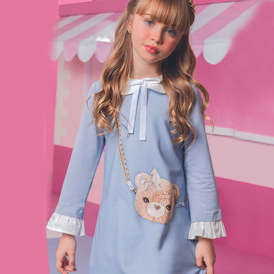 Vestido Infantil Infanti Manga Longa Urso Strass Azul Claro - frente do vestido na menina