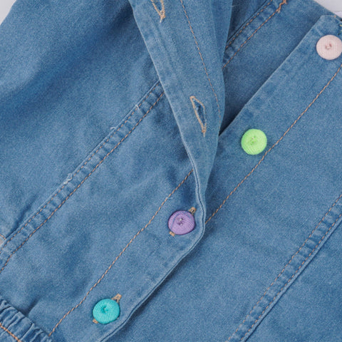 Macaquinho Curto Jeans Kukiê com Botões Coloridos Azul - Botões Abertos