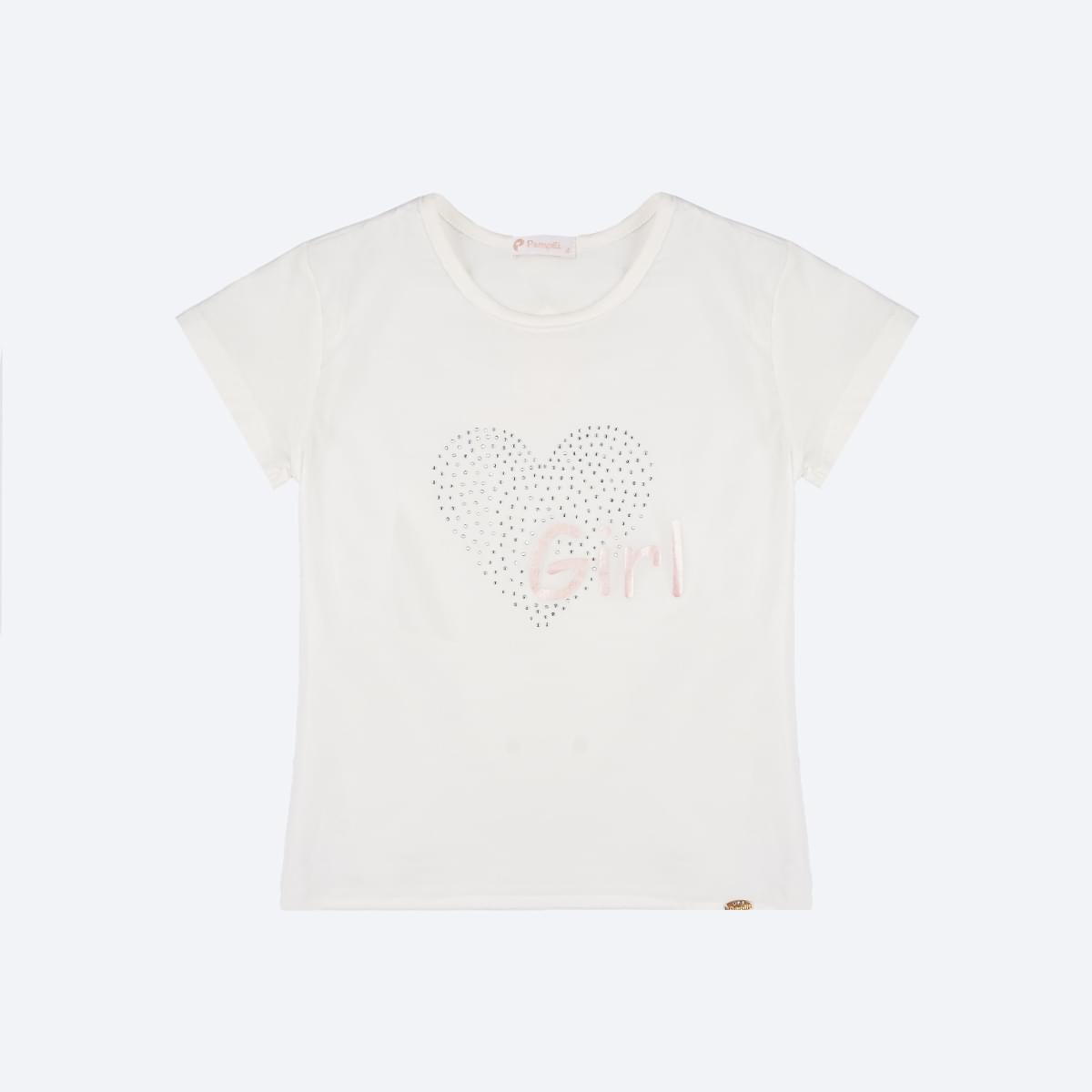 Camiseta Infantil Pampili Girl Coração Strass Off White - frente camiseta bebê