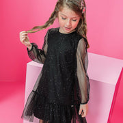 Vestido de Festa Infantil Kukiê Tule Brilho Preto - frente vestido infantil de festa