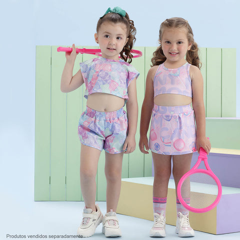 Conjunto Fitness Kids Mon Sucré Bubble Gum Rosa - meninas vestindo o conjunto