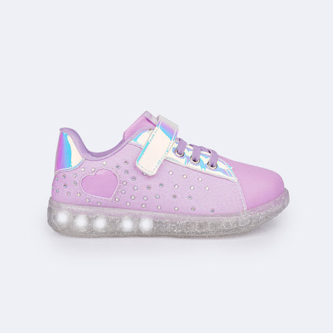 Tênis de Led Infantil Pampili Sneaker Seja Luz Glitter Strass Lilás - lateral do tênis de glitter e strass