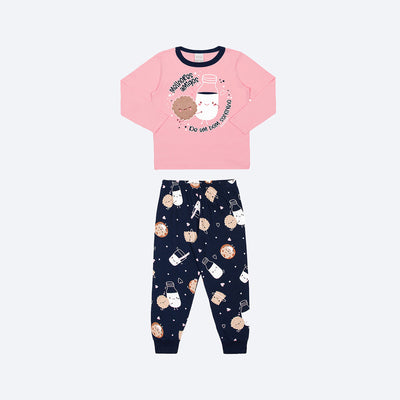 Pijama Bebê Alakazoo Longo Biscoito Brilha no Escuro Rosa e Marinho - frente pijama bebe manga longa