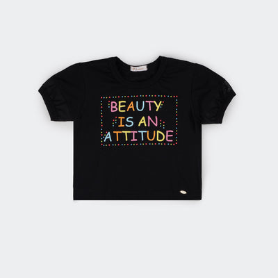 Camiseta Infantil Feminina Pampili Attitude Tachas Coloridas Preta  - foto da frente da camiseta com escrita colorida 