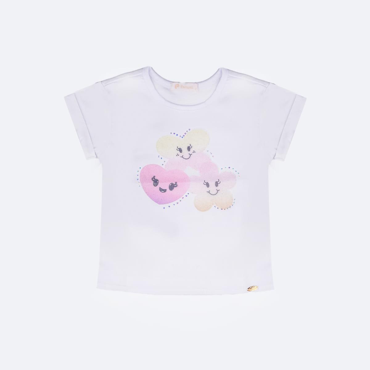Camiseta Infantil Pampili Carinhas Felizes Strass Branca - frente camiseta branca