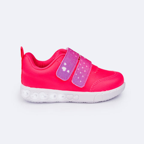 Tênis de Led Infantil Pampili Sneaker Luz Phone Strap Pink Maravilha - lateral do tênis com led aceso