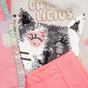 Conjunto Infantil Infanti Cat Paetê Off White e Rosa Neon - detalhes da blusa e calça infantil