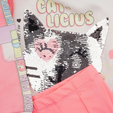 Conjunto Infantil Infanti Cat Paetê Off White e Rosa Neon - detalhes blusa e calça