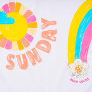 T-Shirt Kids Mon Sucré Estampa Sunday Verão com Flor e Nó Branca - detalhe da escrita