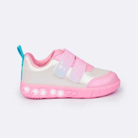 Tênis de Led Infantil Pampili Sneaker Luz Phone Strap Branco e Rosa Bale Novo  - lateral do tênis com led aceso