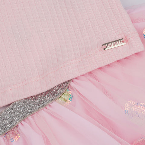 Conjunto Infantil Infanti Tule e Paetê Rosa - detalhes na camiseta e saia infantil