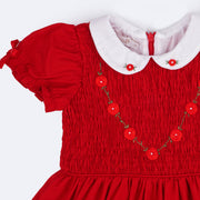Vestido de Bebê Roana Natal com Lastex e Bordado Vermelho - detalhes de bordado e laço na manga