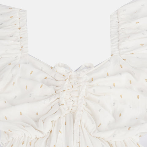 Vestido Infantil Vallen com Lastex Off White - frente do vestido franzido